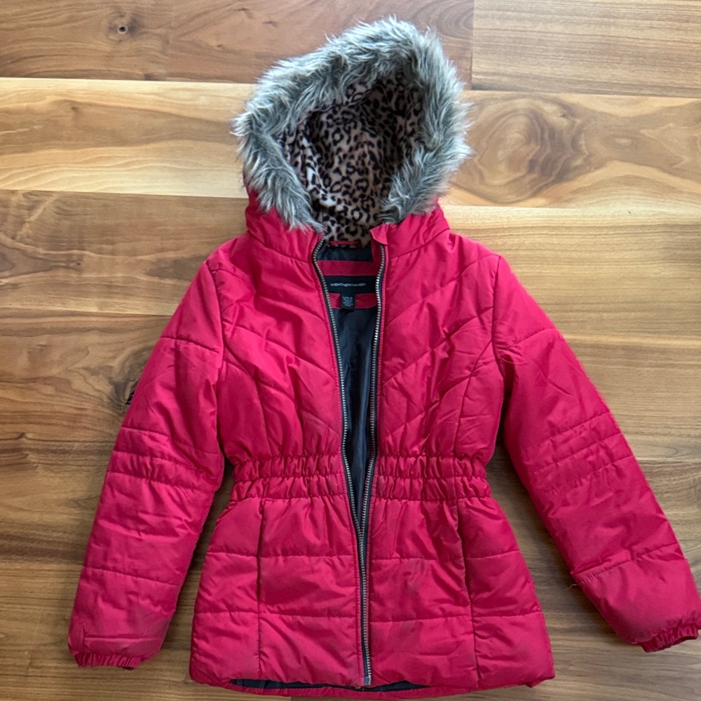 Girls Red Puffer Jacket with Faux Fur Hood & Leopard Lining